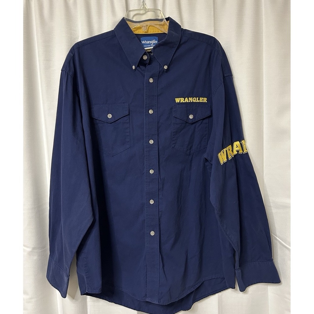 Wrangler Western Shirt Gold Embroidered Spell Out  Logos Men's XL Blue X-Large